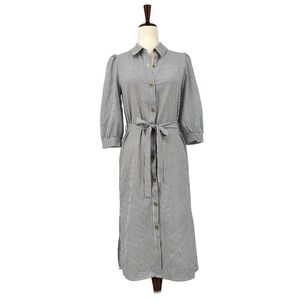 MONTEAU Los Angeles Women's S Gray Striped Poplin Button Front Midi Shirt Dress